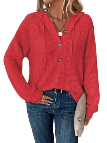 RIROW Hauts pour femmes Chemise à manches longues Waffle Henley Sweat à capuche avec cordon de serrage Manches raglan Boutonné Automne Hiver Pull 2025 Nouveau OrangeRouge 3X