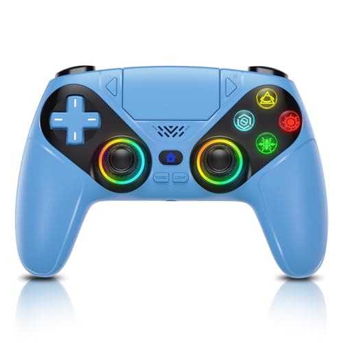 Gamrombo Manette sans fil LED pour PS5, compatible avec PS5 Pro/Slim/PC, double vibration, fonction macro/turbo, prise audio 3,5 mm – Bleu