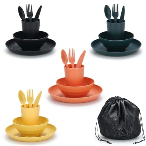 ReaNea Camping Mess Kit for 4 with Bowl, Plate, Cup, Spoon, Fork, Knife and Carry Bag, Plastic Camping Accessories Essentials Gear for Travel,...