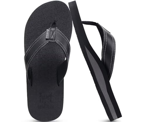 KuaiLu Men's Leather Flip Flops Arch Support Summer Beach Pool Water Thong Sandals Waterproof Rubber Walking Shoes Slip on Orthotic Casual Sport...