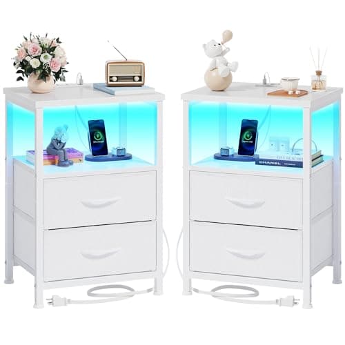 Ensemble de table de nuit 2 avec station de recharge et 2 tiroirs en tissu, tables de chevet avec rangement pour chambre à coucher, table de bout avec étagère en bois ouverte pour chambre à coucher,...
