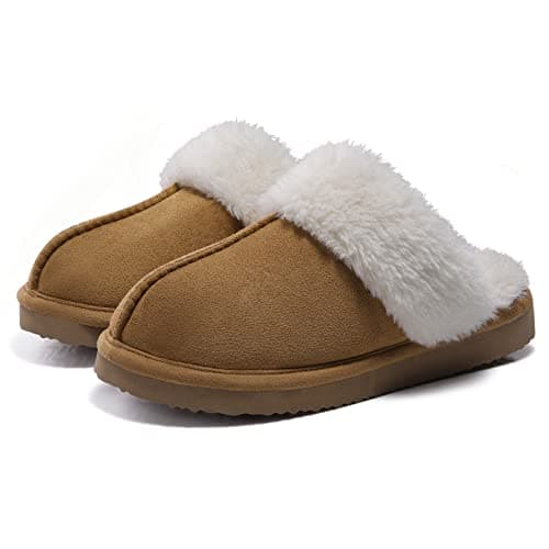 Litfun Pantoufles pelucheuses en mousse à mémoire de forme pour femme, chaussures d'hiver moelleuses pour l'intérieur et l'extérieur, châtaigne 8-8,5