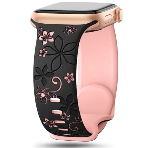 Two-Tone Floral Engraved Band Compatible with Apple Watch Bands 41mm 40mm 38mm 42mm, Cute Flower Soft Silicone Sport Strap for iWatch Series 11 10...