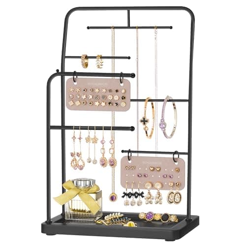 SONGMICS Jewelry Stand, Jewelry Organizer, Jewelry Display Holder with Metal Frame, Ink Black UJJS024B01
