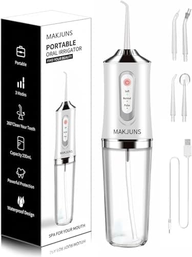 Hydropulseur sans fil pour dents – Rechargeable, étanche IPX7, 3 modes et 4 embouts de jet pour les voyages, la maison et les soins dentaires (blanc)