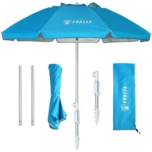 AMMSUN 6.5ft twice folded Portable travel beach umbrella with sand anchor windproof,Push Button Tilt and Air vent UV 50+ Protection Fits in a large...