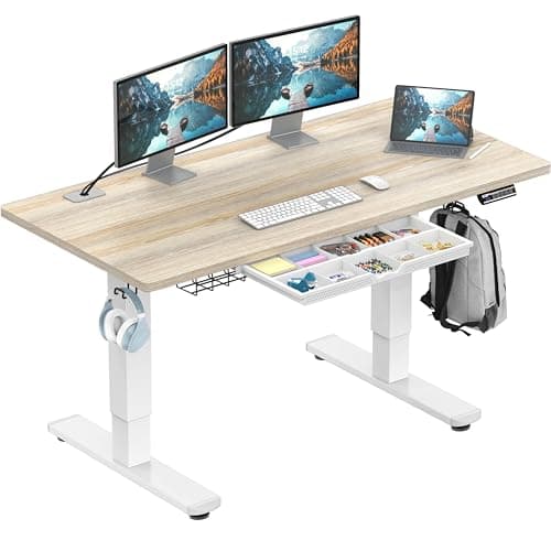 SHW 55 x 28 Inches Electric Height Adjustable Standing Desk with Drawer and Memory Preset, 140 x 71 cm, Maple