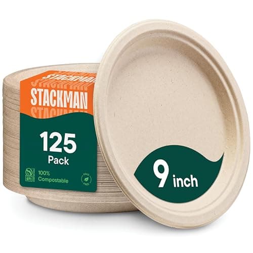 Assiettes en papier 100 % compostables, assiettes jetables robustes [paquet de 125] Assiettes de 9 pouces - Bagasse de canne à sucre écologique et biodégradable,...