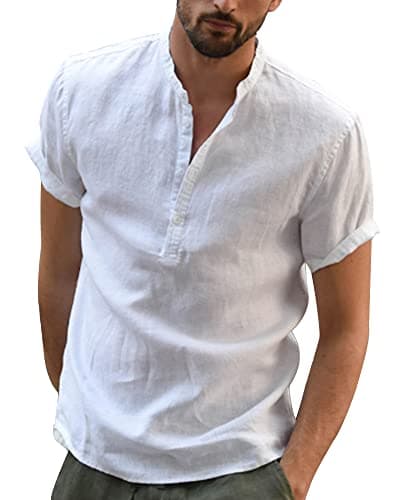 YAOBAOLE Chemises de Plage décontractées Hippie pour Hommes Boutonnées Chemise Henley à Manches Courtes en Coton et Lin Blanc 3XL