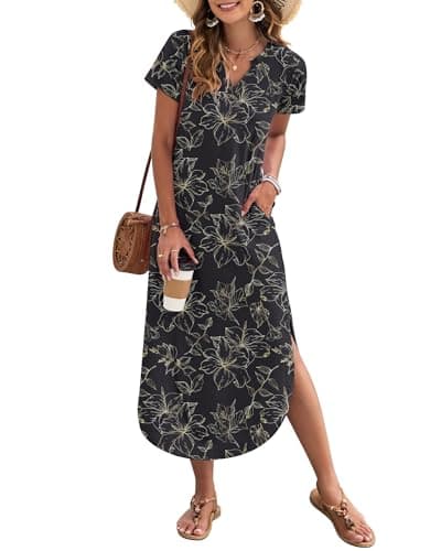 MISFAY Robe Maxi d'été pour Femmes 2026 Manches Courtes décontractée col en V Robe d'été Coupe Ample Fendue Longue Plage T-Shirt Robes, Feuille d'or Noir, L
