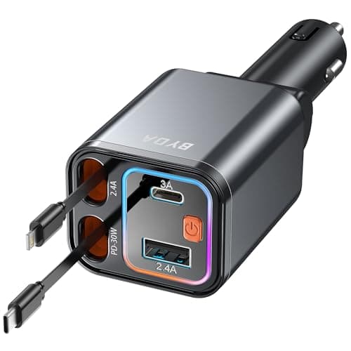 Chargeur de voiture rétractable 4 en 1, chargeur de voiture rapide USB-C 69 W, pour iPhone 17/16/15/14/13/12/11, Android, Pixel, chargeur allume-cigare (gris,...