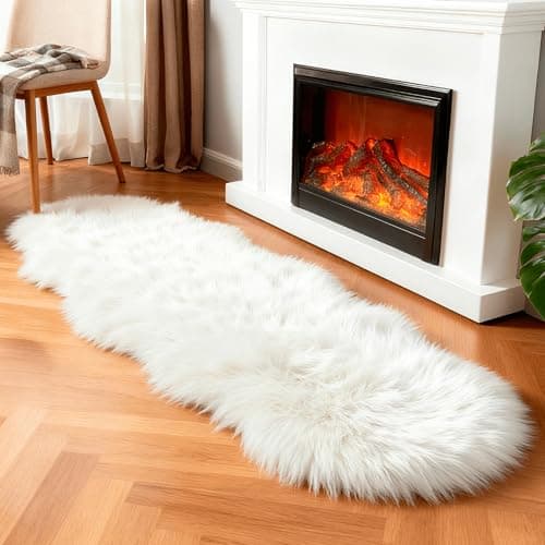 linmopm Faux Fur Rug Sheepskin Shag Fluffy Fuzzy White 2x6 ft Runner Rugs for Bedroom Bedside Bed Floor Living Room Plush High-Density Cushion...