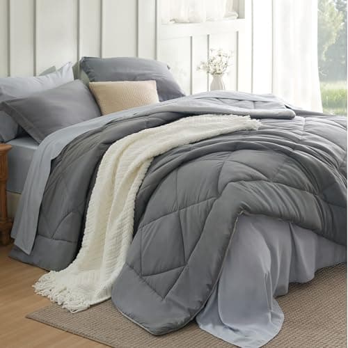 Bedsure Queen Comforter Set - 7 Pieces Reversible Grey Bedding, GentleSoft™ Queen Size Bed Set Gift for Family, Bed in a Bag with Warm Down...