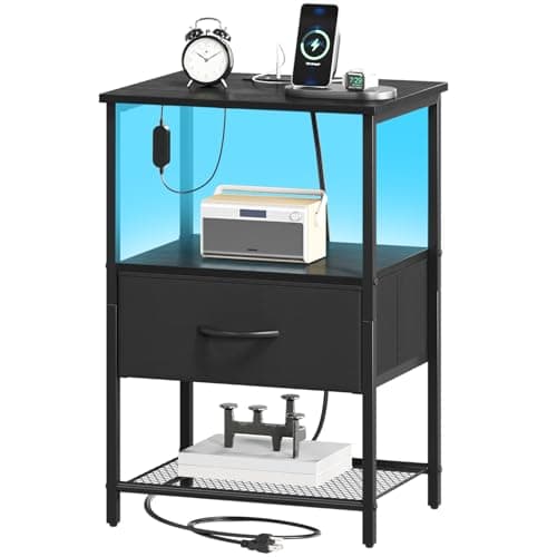 Table de chevet noire Somdot avec station de charge et lumière LED pour chambre à coucher, table de chevet, table d'appoint pour dortoir, chevet, buanderie, placard, entrée, couloir,...