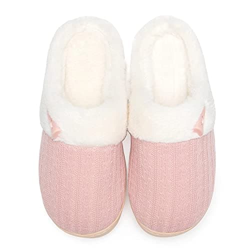 NineCiFun Pantoufles pelucheuses à enfiler pour femme en mousse à mémoire de forme - Pantoufles d'extérieur et d'intérieur chaudes en peluche - Chaussures de chambre à coucher avec doublure en fourrure - Taille 9-10 - Rose