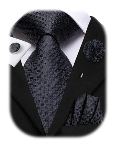 Hi-Tie Ties for Men Pocket Square Cufflinks Lapel Pin Mens Tie set Formal Wedding Business,Black Plaid