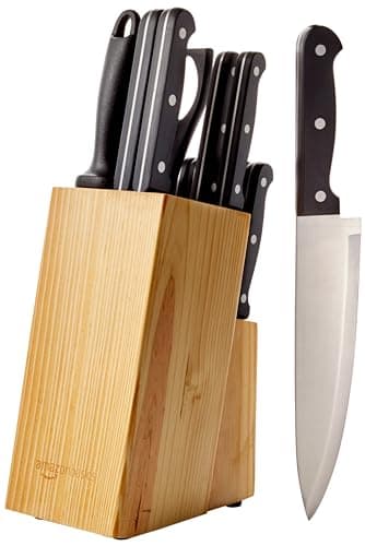 Amazon Basics Ensemble de 14 couteaux de cuisine en acier inoxydable à haute teneur en carbone avec aiguiseur et bloc en bois de pin, noir