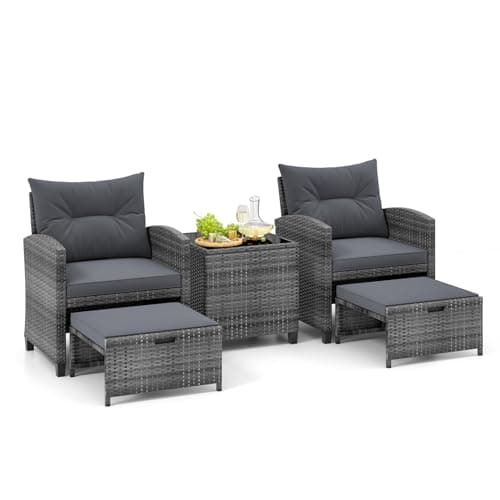 Tangkula 5 Pieces Patio Conversation Set, PE Wicker Rattan Outdoor Furniture Set with 2 Chairs, 2 Ottomans & Tempered Glass Coffee Table, Ideal for...