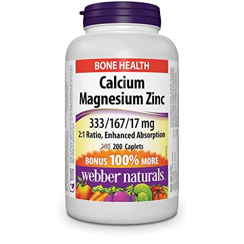 Webber Naturals Calcium + Magnésium, minéral à absorption améliorée avec zinc, aide à soutenir les os et les dents, 200 caplets, végétalien