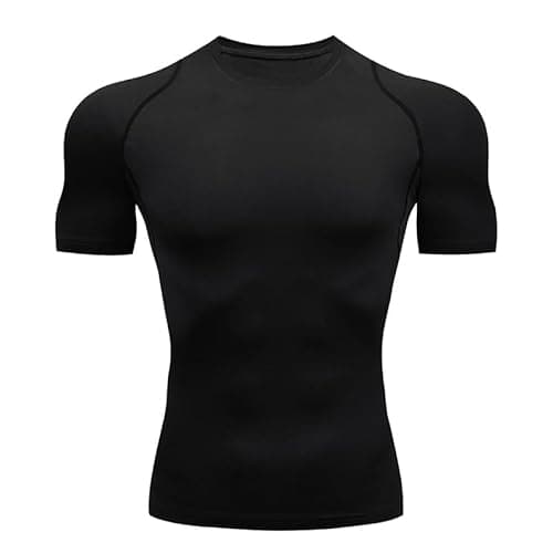 Chemise de compression pour hommes T-shirt de sport à manches courtes Chemise d'entraînement Chemise de course élastique à séchage rapide (CA/US, Alpha, Medium, Regular, Regular, Noir)