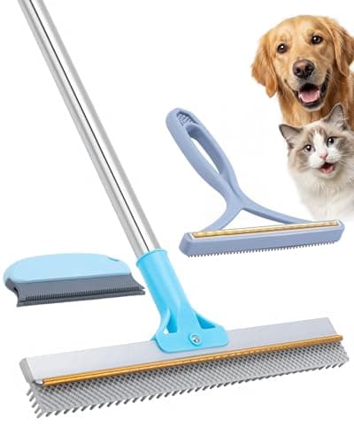 Carpet Rake for Pet Hair Removal-54 Adjustable Long Handle Carpet Scraper, 3 in 1 Reusable Pet Hair Rake with Double Sided Brush&Metal Scraper for...