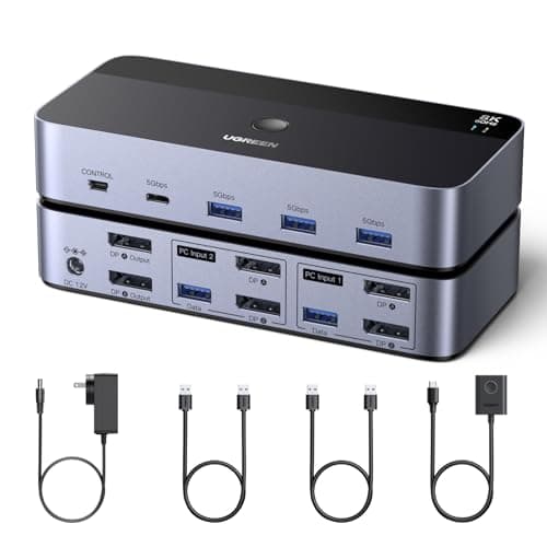 UGREEN 8K @ 60Hz Displayport KVM Switch 2 moniteurs 2 ordinateurs, aluminium avec 4 ports USB 3.0 pour 2 ordinateurs partager deux moniteurs clavier souris...