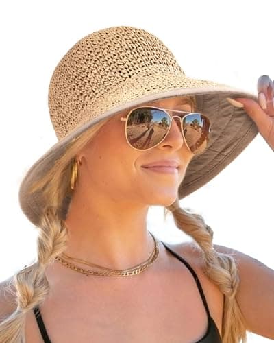FURTALK Chapeaux de soleil pour femmes, chapeau de plage d'été fait à la main, chapeau de paille à large bord, pliable, pliable, UPF 50, chapeau de voyage au crochet Kahaki
