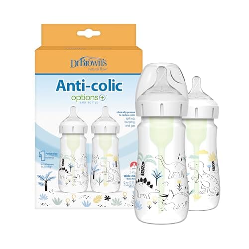 Dr. Brown's Natural Flow Anti-Colic Options+ Biberon à col large Designer Edition, Dino Decos, 9 oz/270 ml, tétine niveau 1, paquet de 2, 0 mois et plus