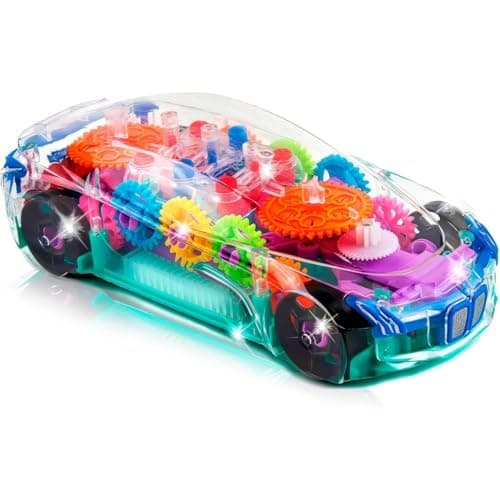 ArtCreativity Jouet de voiture sensorielle transparent lumineux pour enfants, 1 pièce, voiture jouet Bump and Go avec engrenages mobiles colorés, musique et effets LED, Pâques...