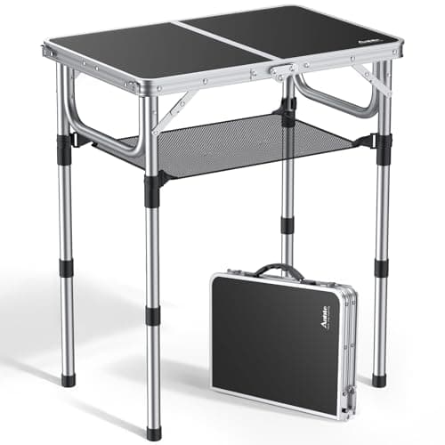 Anbte Table de camping pliante avec filet de rangement, 3 tables d'extérieur en aluminium à hauteur réglable, légère, étanche, pour pique-nique intérieur et extérieur...
