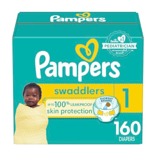 Couches Pampers Swaddlers, taille 1, absorbantes, garde bébé au sec et confortable, couches jetables sans danger pour la peau, 1 paquet (nombre de 160)