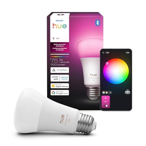Ampoule Philips Hue Smart LED A19, ambiance blanche et couleur, culot E26, 9,5 W, spectre complet 1000K-20000K, 1100 lumens, variable, fonctionne avec...
