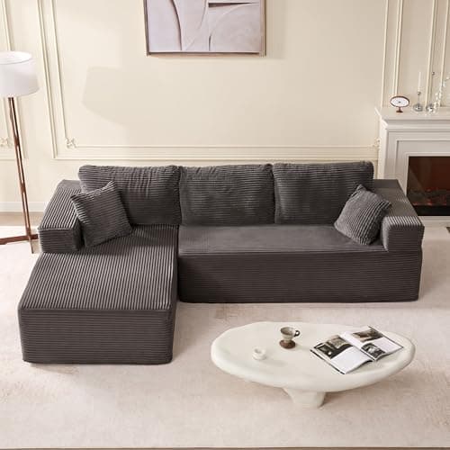 EJC 107 Inches Boneless Couch, Sofa Bed Couch for Living Room with Memory Foam, L Shaped-Left, Corduroy, Grey