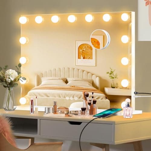 Miroir de courtoisie Moonee avec lumières, miroir de maquillage éclairé Hollywood avec 15 ampoules à intensité variable et grossissement 10X, 3 modes de couleurs, métal en aluminium...