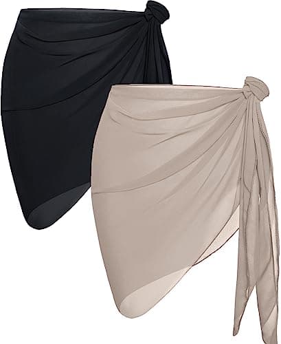 2 pièces Bikini Sarong Cover Ups pour femmes plage pure maillots de bain en mousseline jupe portefeuille (noir et kaki)