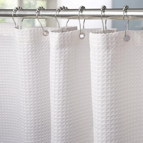 Waffle Weave Shower Curtain with Stainless Steel Hooks - 256 GSM Heavy Duty Fabric Bath Curtains, Hotel Luxury Quality, Water Resistant, Machine...