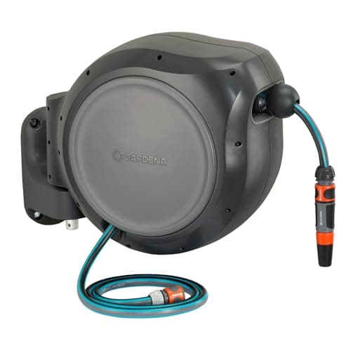 GARDENA 20505-80, 100 Foot Wall Mounted Retractable Reel with Hose Guide, Automatic retraction for Easy Watering,1/2" Hose.