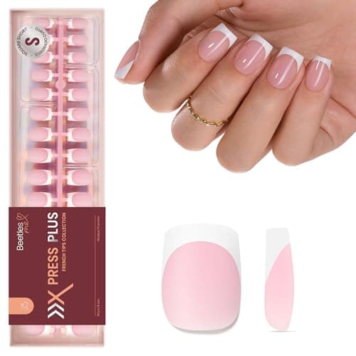 Beetles French Tip Press On Nails: 150 Pcs Pink Short Square Press On Nails 4 in 1 Nail Tips, Pre-Applied Primer & Base Coat, No File Need DIY...