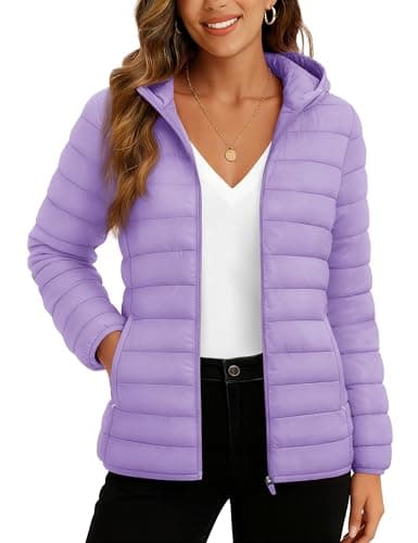 TACVASEN Ladies Winter Puffer Coat Lightweight 3 Pockets Hooded Jackets Quilted Long Sleeve Zip-up Padded Coat,Light Purple M