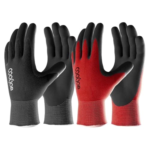 COOLJOB 2 Pairs Work Gloves for Men, Breathable & Lightweight, Rubber Coated Palm, for Gardening, Weeding Landscaping, for Lawn Yard, Black & Red,...