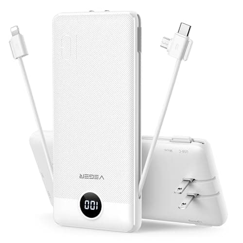 Chargeur portable VEGER, banque d'alimentation 10 000 mAh avec câbles intégrés et prise murale, chargeurs de téléphone USB C 5 sorties 2 entrées T...