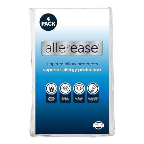 Set of 4 Standard/Queen AllerEase Pillow Protectors - Moisture Wicking, Advanced Allergy Protection - Premium Polyester, Zippered Protectors