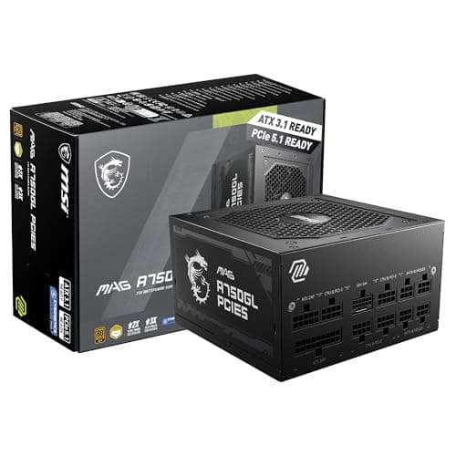 MSI MAG A750GL PCIE5, alimentation de jeu compacte entièrement modulaire 750 W, 80+ Gold, compatible ATX 3.1 et PCIe 5.1, câble natif bicolore 12V-2x6, 10 ans...