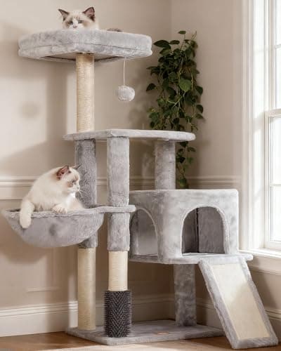 Arbre à chat Heybly, tour à chat pour chats d'intérieur avec perchoir en peluche rembourré et brosse d'auto-toilettage pour chat, maison pour chat avec panier à gratter,...