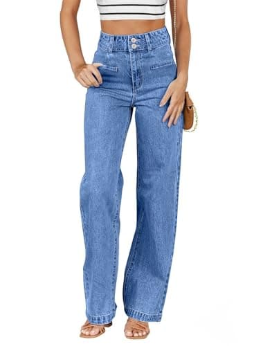 SIDEFEEL Women's Jeans High Waisted Straight Leg Stretchy Jeans Trendy Welt Pockets Loose Wide Leg Zimbaplatinum Denim Pants, Sky Blue, 8