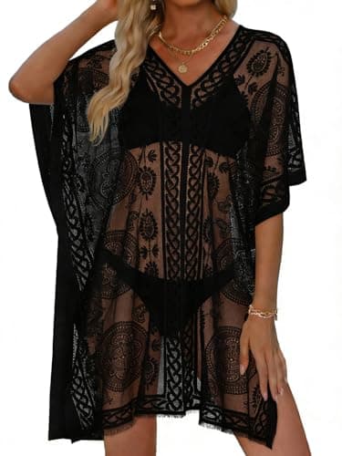 Maillot de bain en dentelle pour femme, col en V, robe de plage, été, transparent, bikini, noir