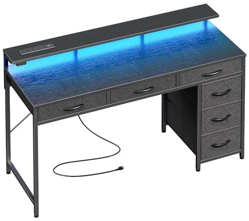 Huuger Gaming Desk with 6 Drawers, Computer Desk with LED Lights Power Outlets and Type-C, 47 Inch Office Desk with Storage, Monitor Stand, Writing...