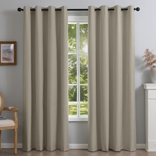 DrapeMaster PFAS Free Flame Resistant Natural Linen Blackout Curtains 2 Panels Set, Thermal Insulated Light Blocking Drapes for Bedroom Living Room