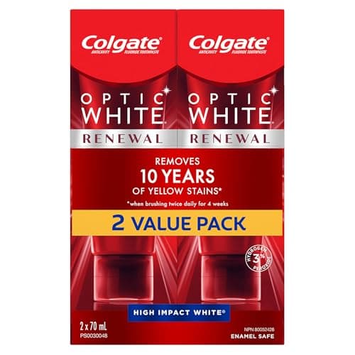 Colgate Optic White Renewal Toothpaste, 70 mL (Pack of 2), High Impact White, Contains 3% Hydrogen Peroxide, Removes 10 Years of Yellow Stains,...