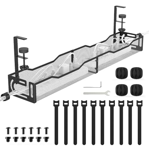 Extended Length Under Desk Cable Management Tray No Drill, Metal Mesh Cable Tray with Clamp for Desk Wire Management, Desk Cable Management Box and...